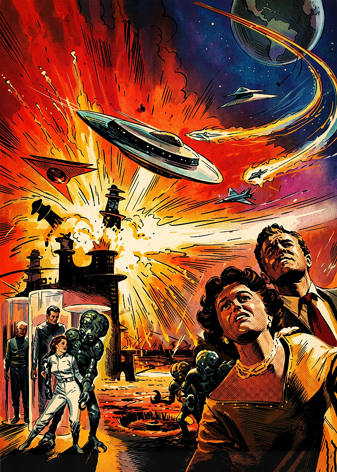 Vintage Sci-Fi Alien Invasion Illustration