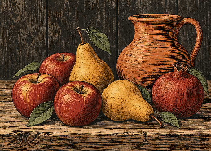 Rustic Still Life Fruit and Pitcher
