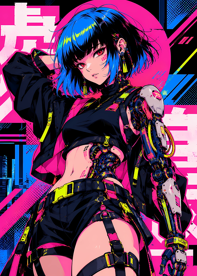Cyberpunk Anime Girl with Robotic Arm