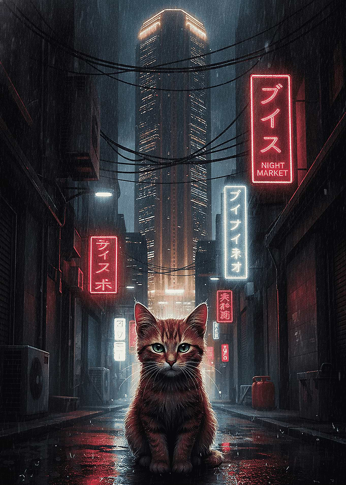 Ginger Cat in Cyberpunk Alleyway