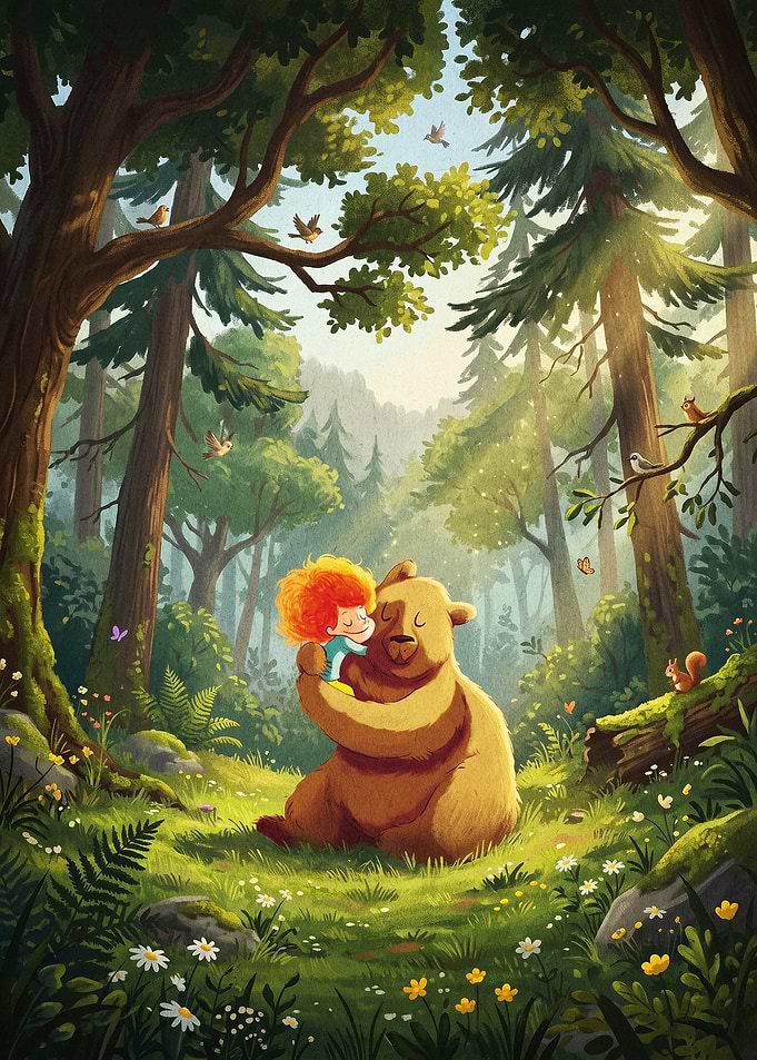 Child Hugging a Bear in Forest