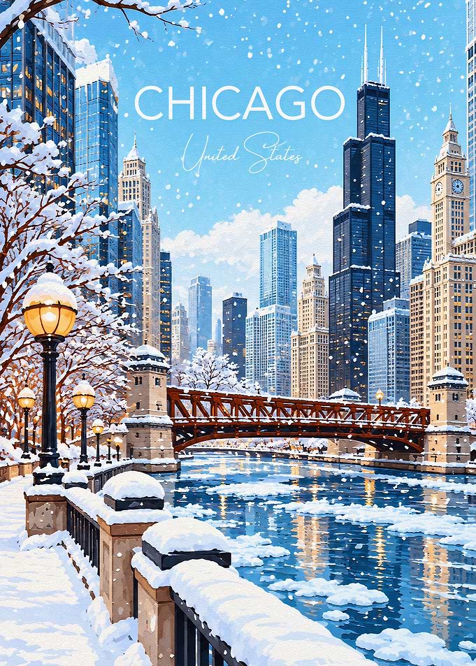 Winter in Chicago Cityscape Poster