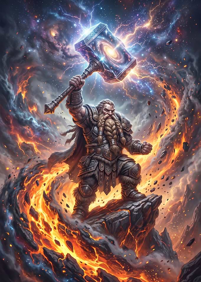 Dwarf Warrior Wielding Cosmic Hammer