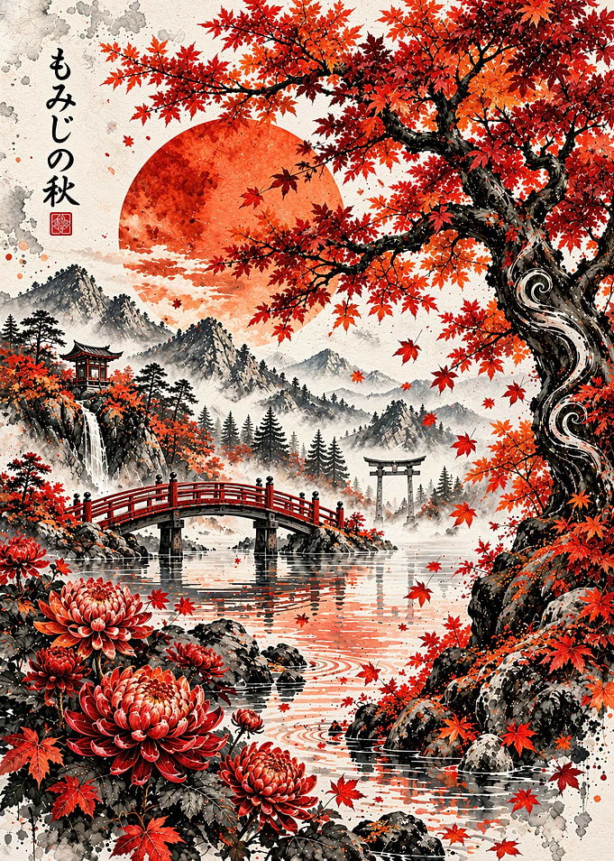 Japanese Autumn Maple Landscape Painting