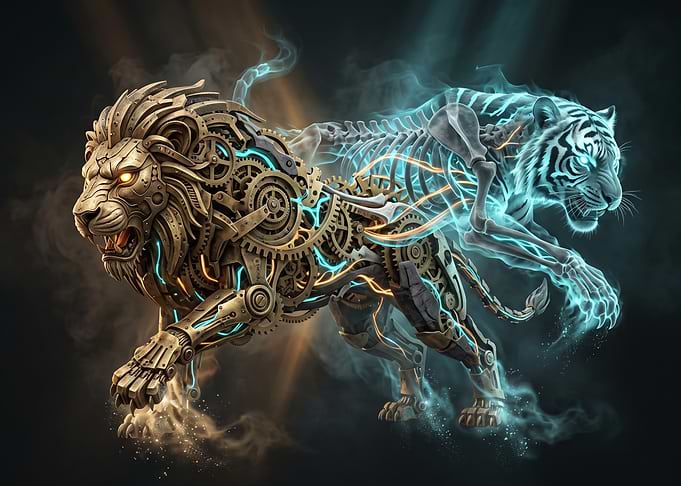 Steampunk Lion and Spectral Tiger