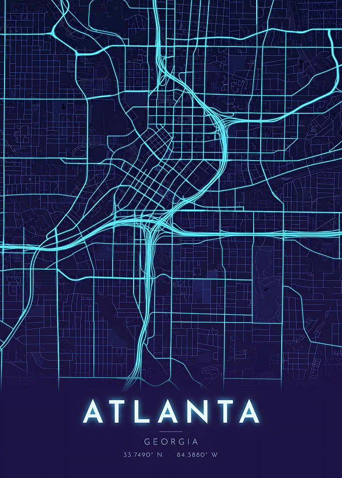 Atlanta Neon Blue Glow City Map Poster