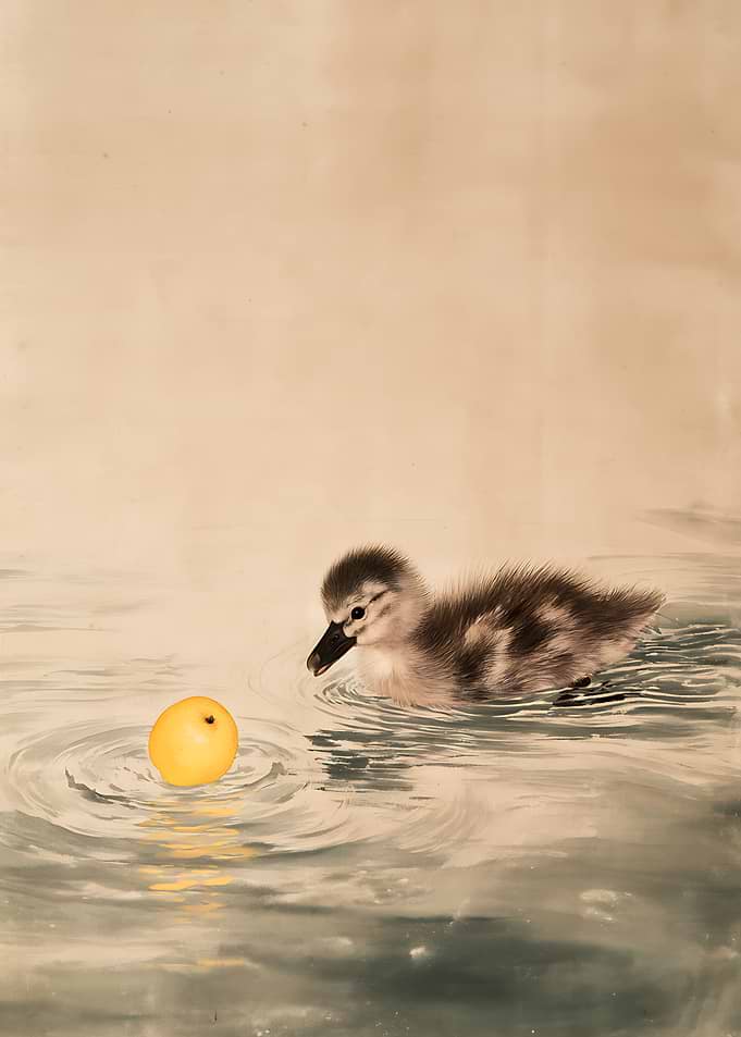 Cute Duckling Swimming with Yellow Fruit