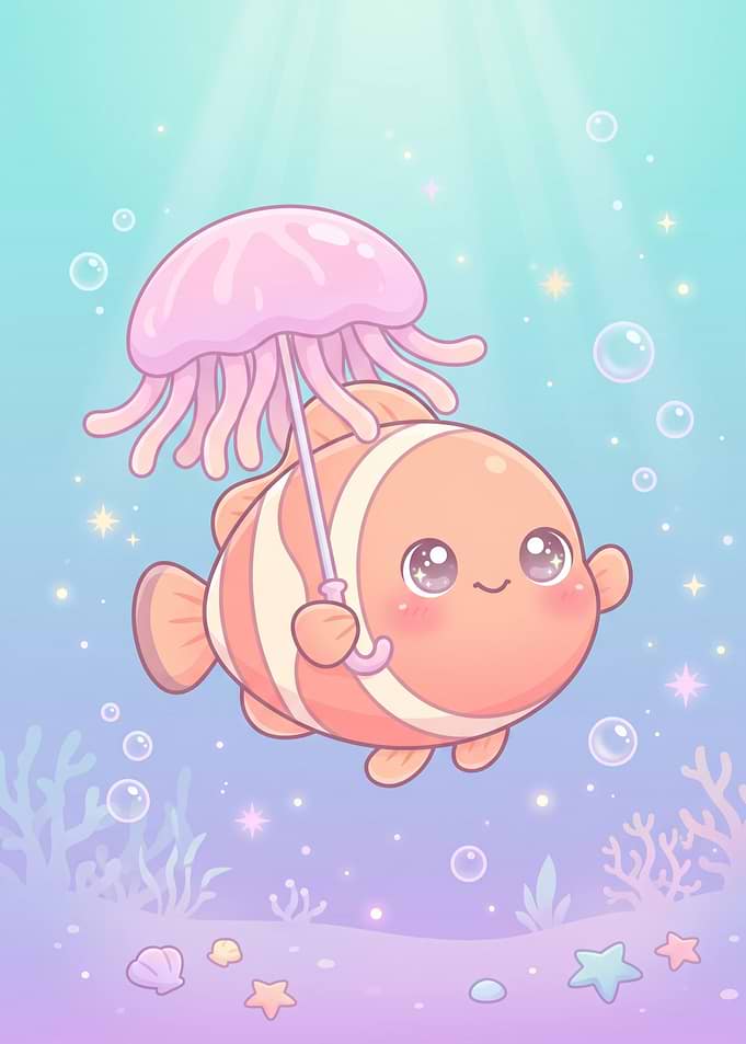 Cute Clownfish Holding Jellyfish Umbrella
