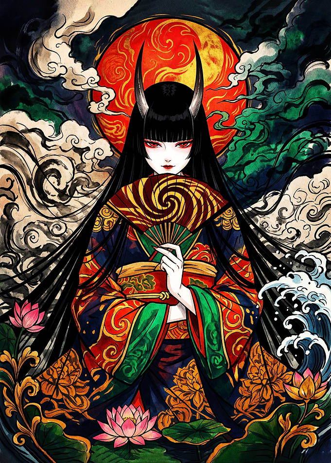 Oni Demon Woman with Lotus Flowers