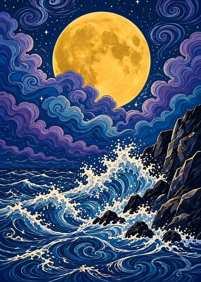 Full Moon Over Turbulent Ocean Waves