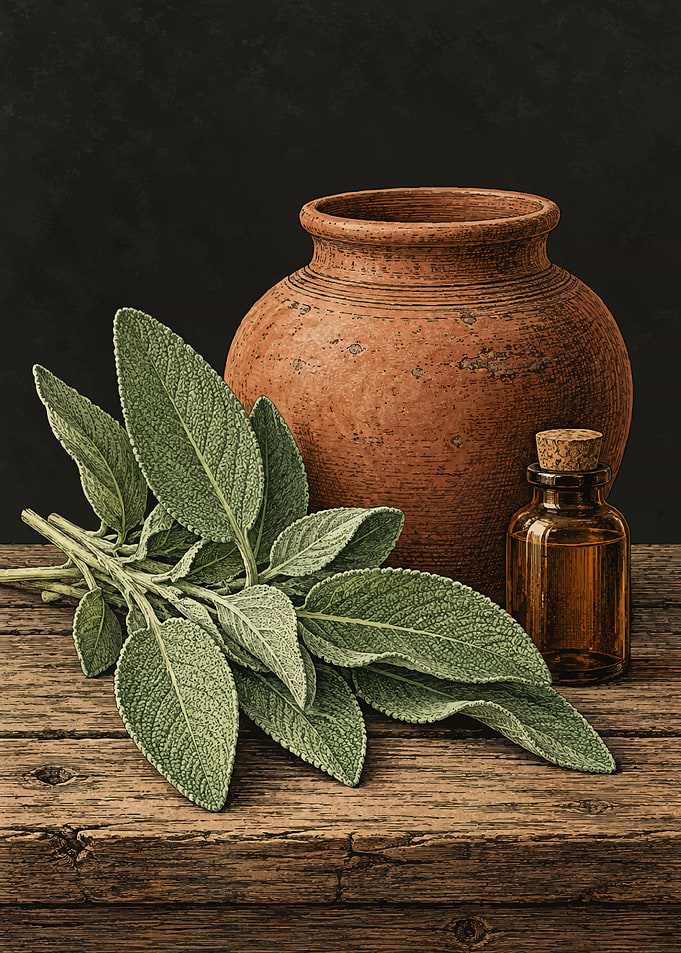 Sage Leaves with Pottery and Oil