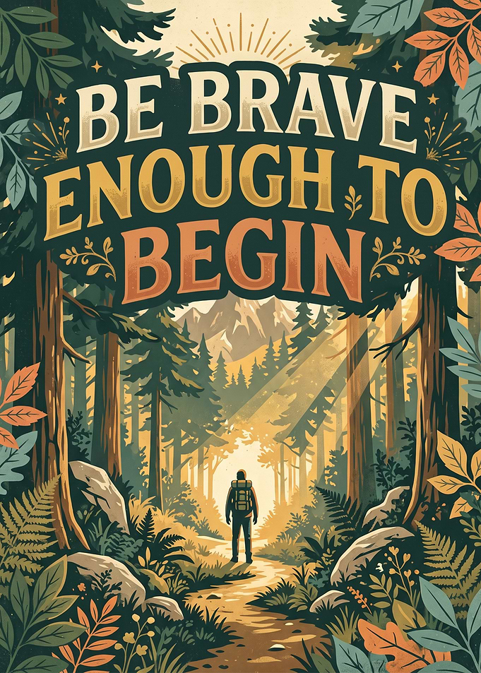 Be Brave Enough to Begin, Vintage Forest Adventure, Inspirational Nature Quote, Retro National Park Landscape