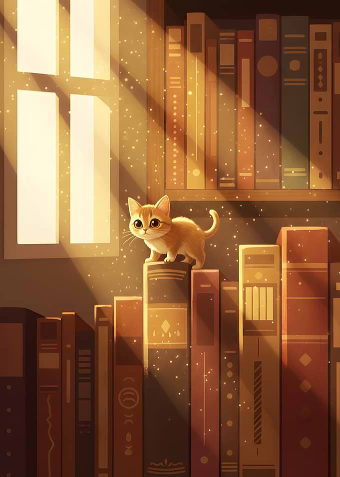 Cute Kitten Standing on Bookshelf