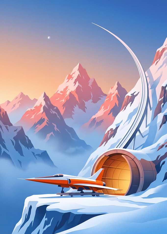 Retro Spaceport in Snowy Mountains