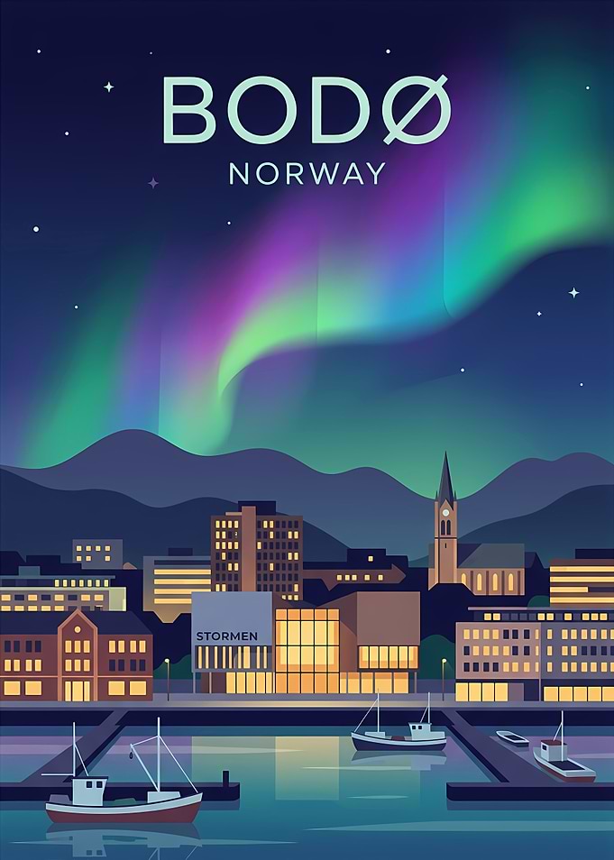 Bodø Norway Northern Lights Travel Poster