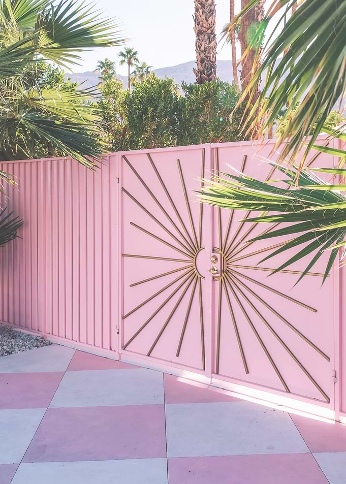 Palm Springs, USA | Pink door of a Motel with mid-century architecture in a palm tree landscape in California