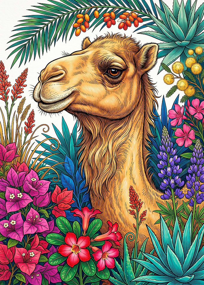 Camel Surrounded by Vibrant Tropical Flowers