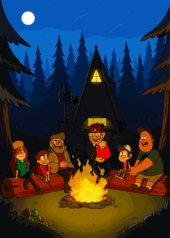 Gravity Falls Characters Camping at Night