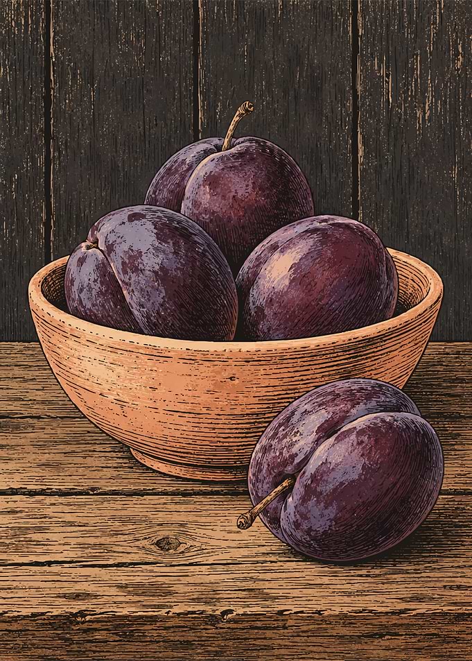 Still Life of Plums in Bowl
