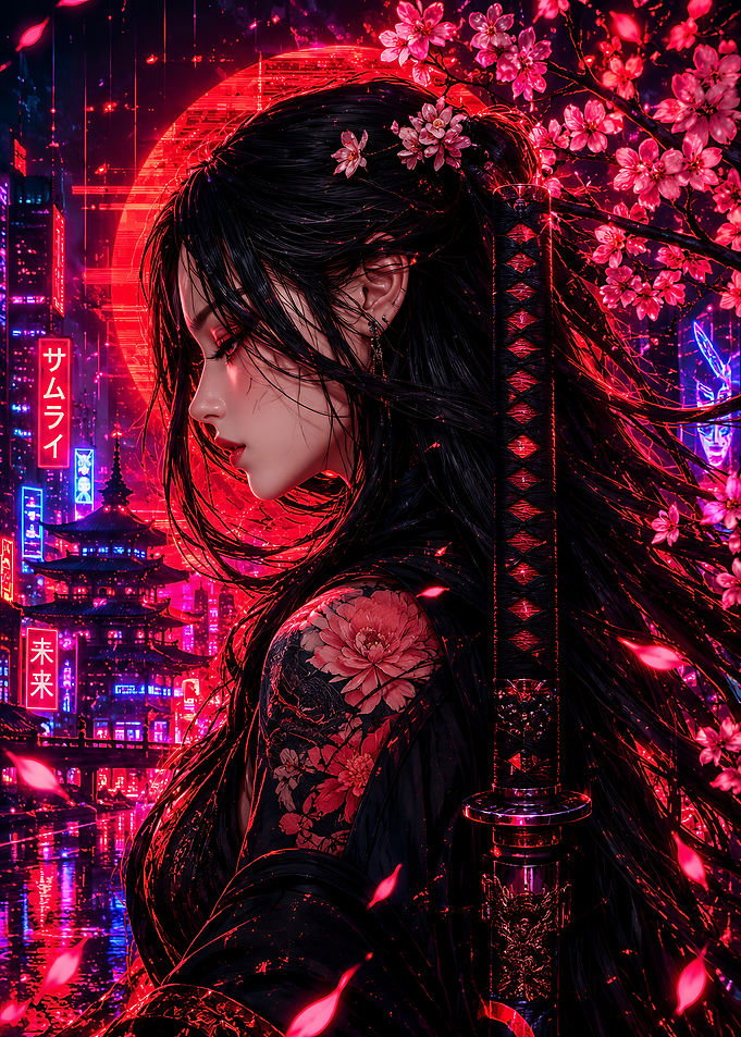 Cyberpunk Samurai Woman with Cherry Blossoms