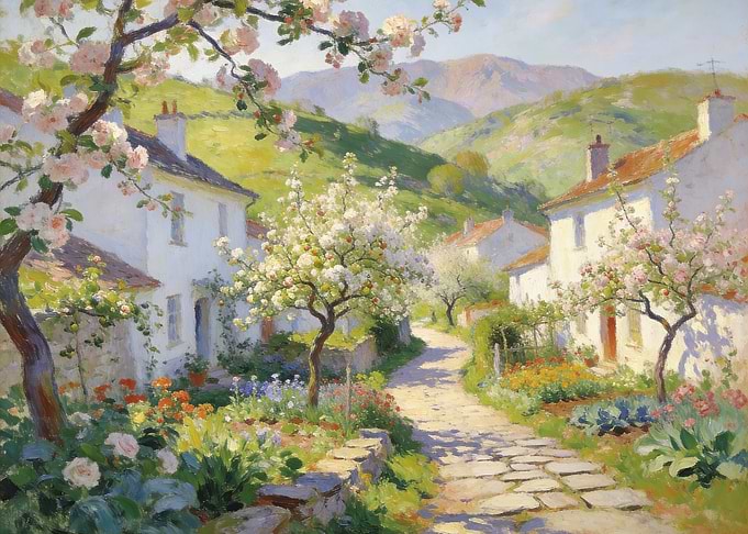 Impressionist Painting of a Spring Village