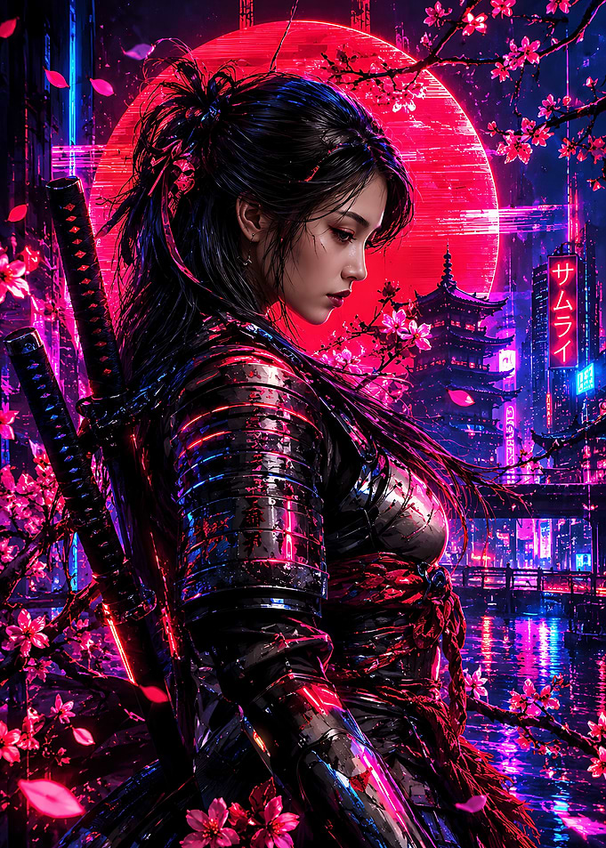 Cyberpunk Samurai Warrior Under Red Moon