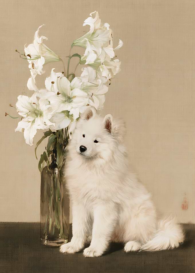 Fluffy White Puppy and Lily Bouquet