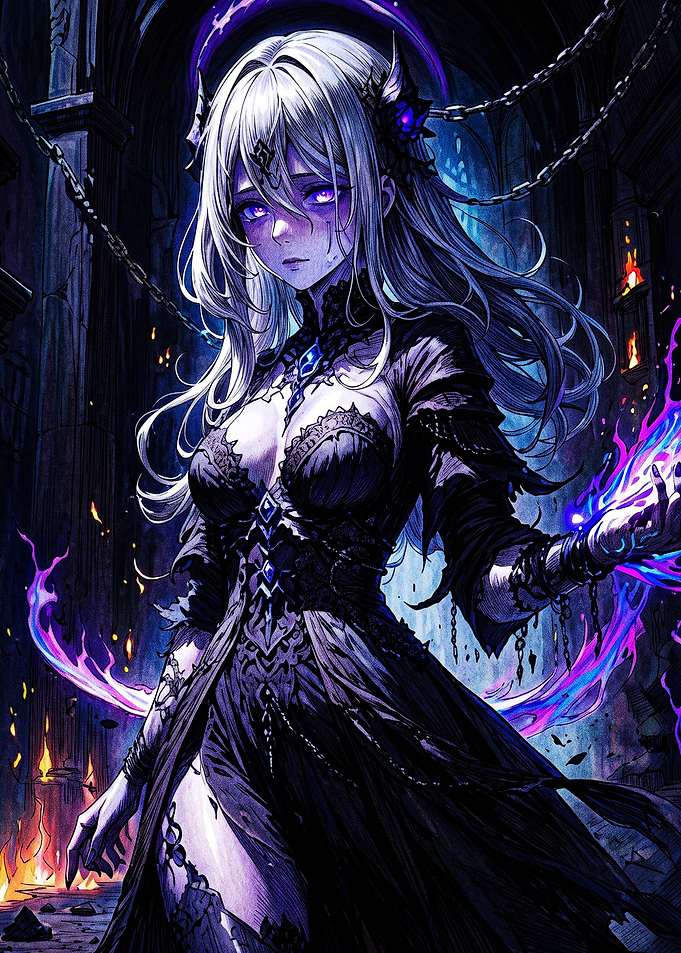 Gothic Anime Sorceress with Purple Magic