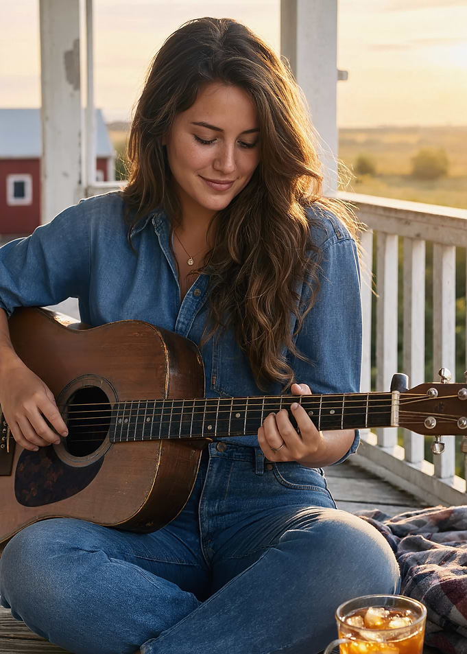 Woman Playing Acoustic Guitar at Sunset