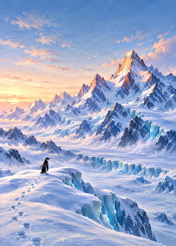 Penguin Standing on Snowy Mountain Peak
