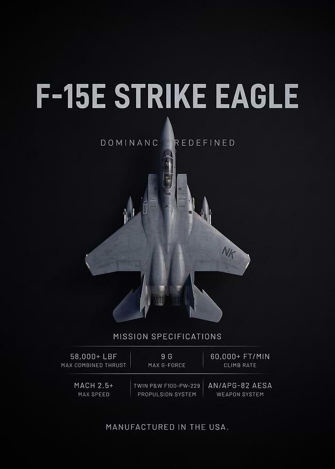 black background sleek f15E Strike Eagle Technical Poster
