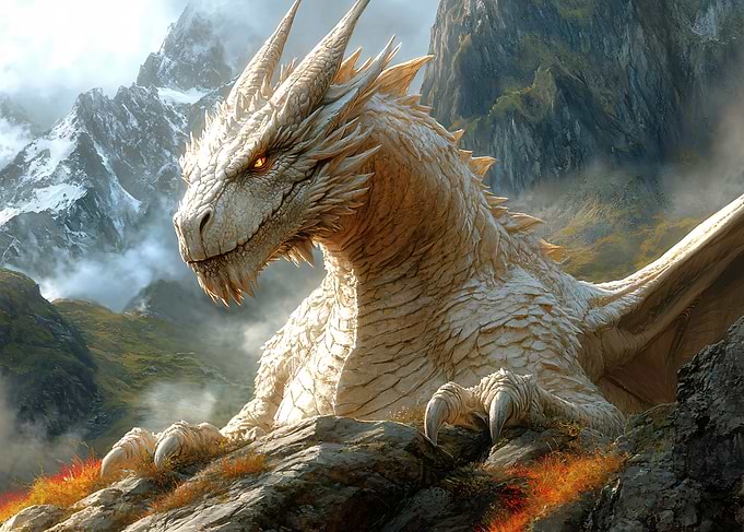 Majestic White Dragon in Mountains
