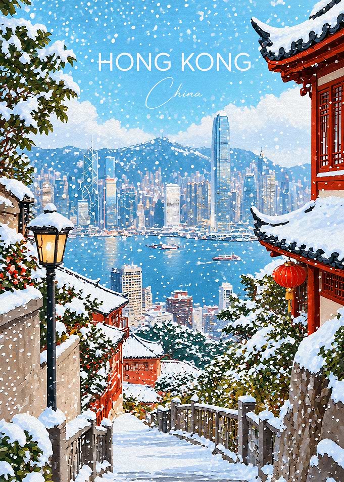 Snowy Hong Kong Cityscape Poster