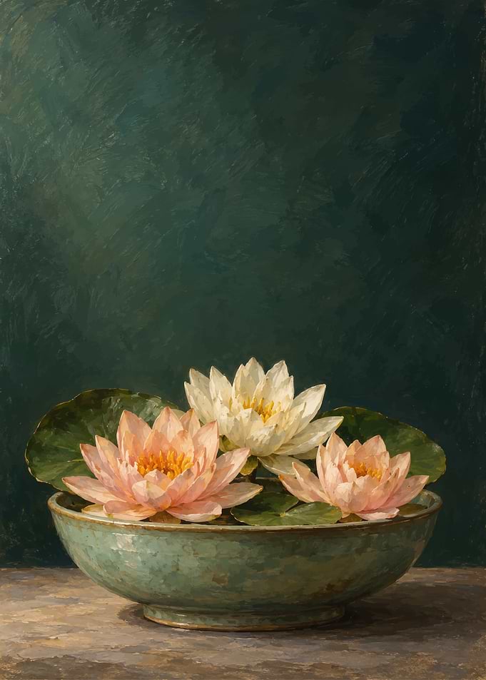 Water Lilies in a Ceramic Bowl