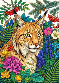 Lynx Portrait Surrounded by Wildflowers