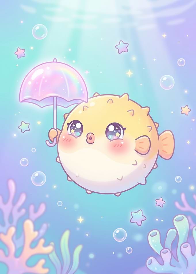 Cute Kawaii Pufferfish with Umbrella