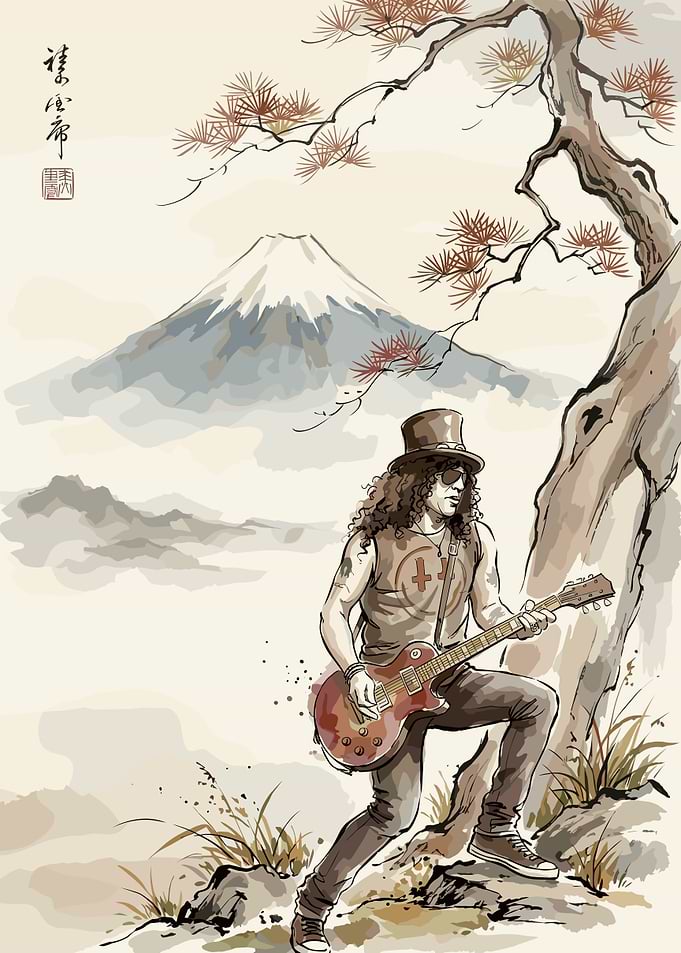 Slash Playing Guitar Near Mount Fuji