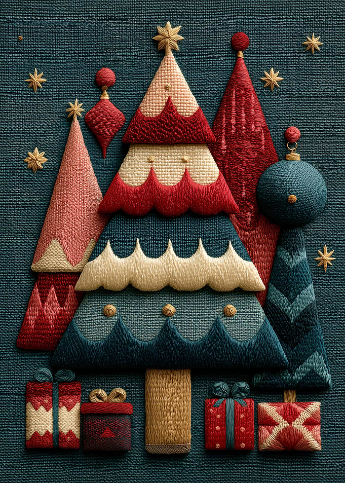 Embroidered Christmas Tree and Gift Art