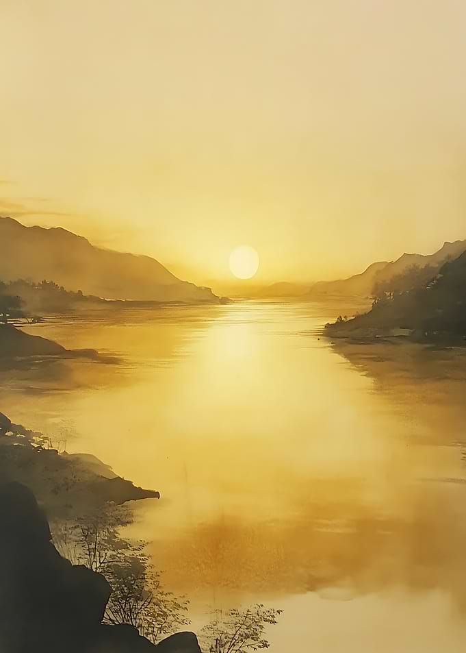 Golden Sunset Over Misty River