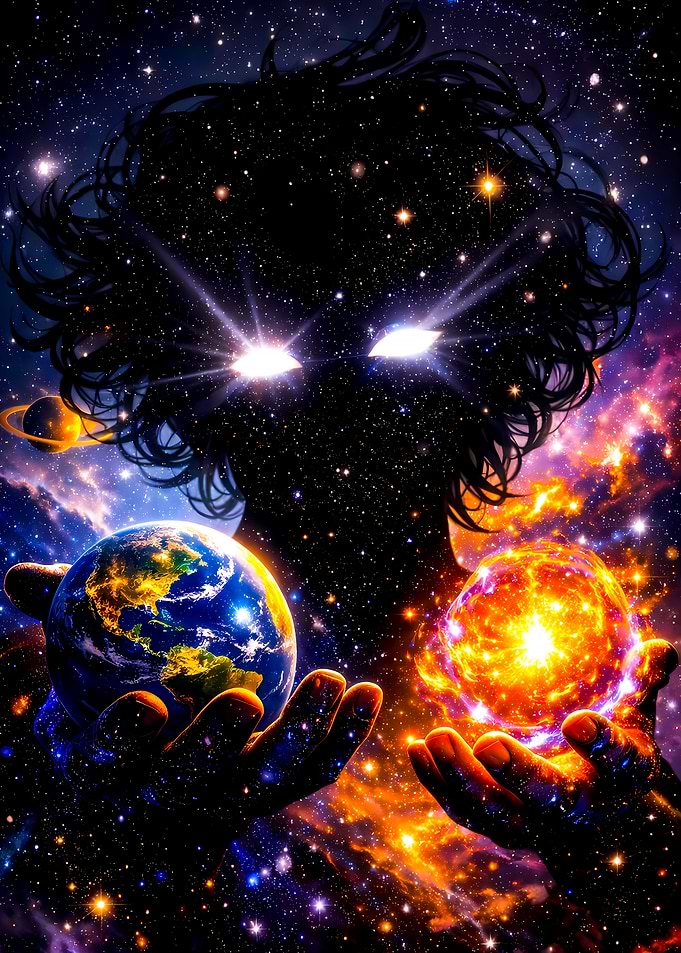 Cosmic Being Holding Earth and Sun