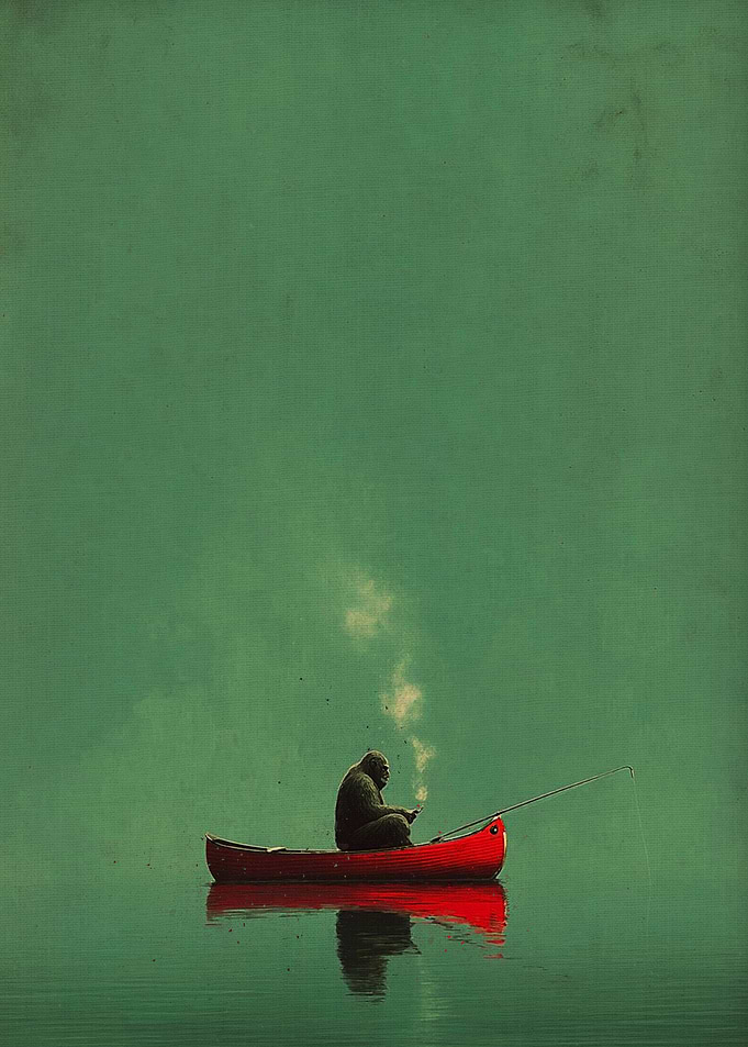 Bigfoot Fishing in a Red Canoe