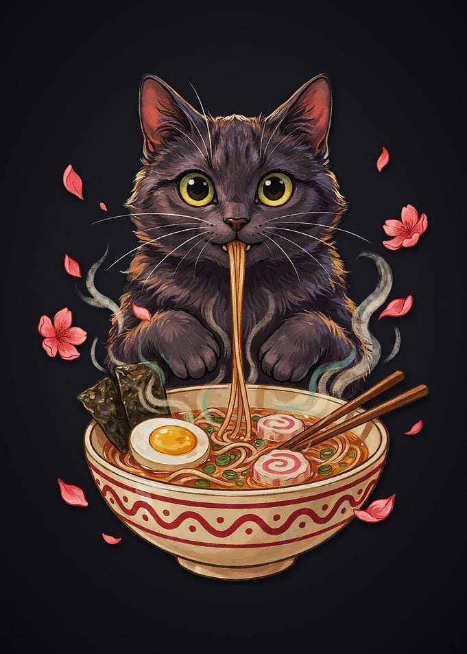 Cute Black Cat Eating Ramen