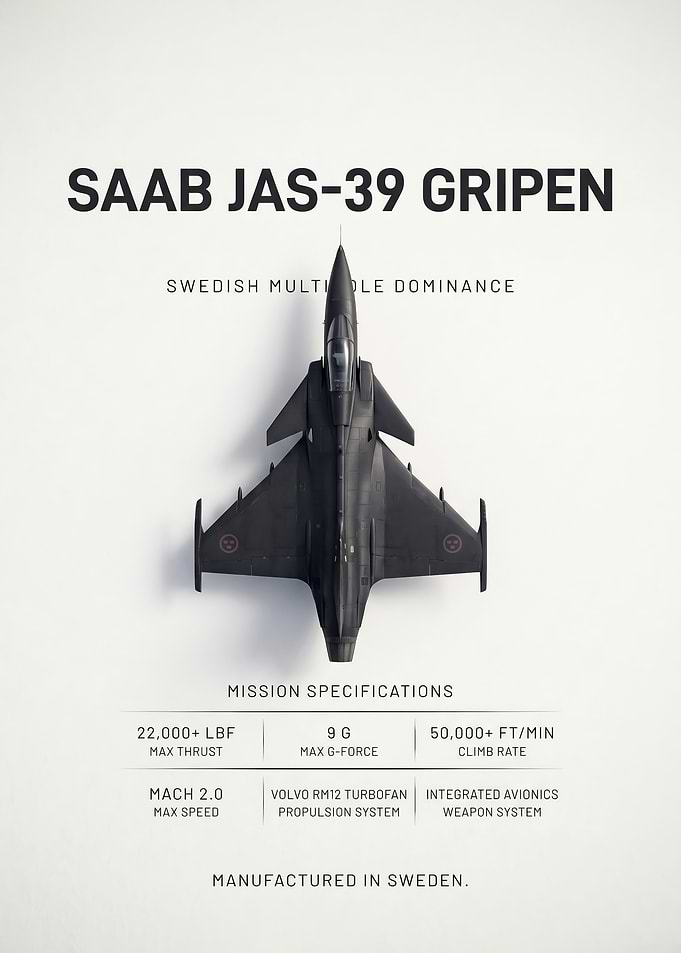 white background black sleek JAS39 jet poster