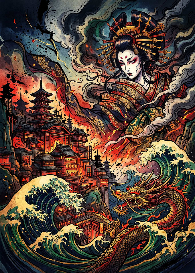 Japanese Geisha and Dragon Fantasy Art