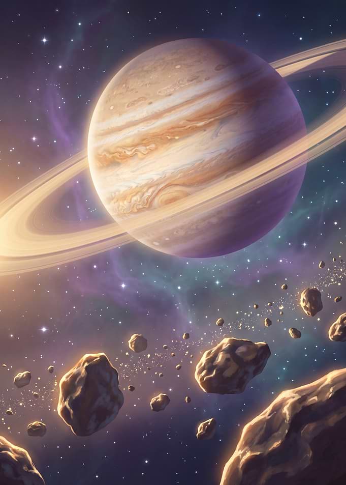 Ringed Gas Giant Over Asteroid Belt
