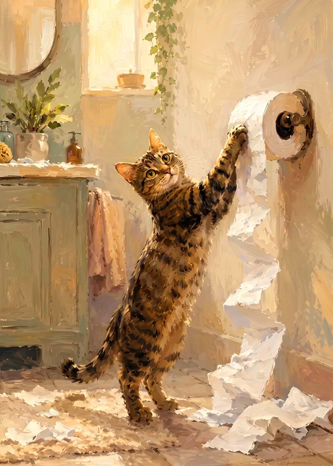 Mischievous Tabby Cat Playing with Toilet Paper