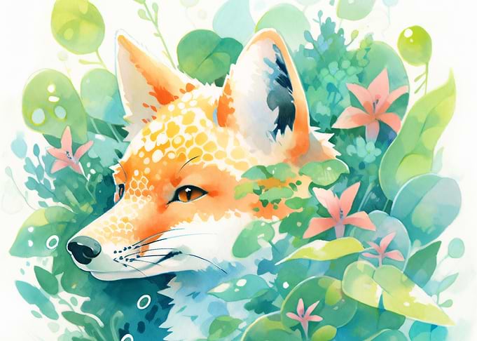 Watercolor Fox in Lush Greenery