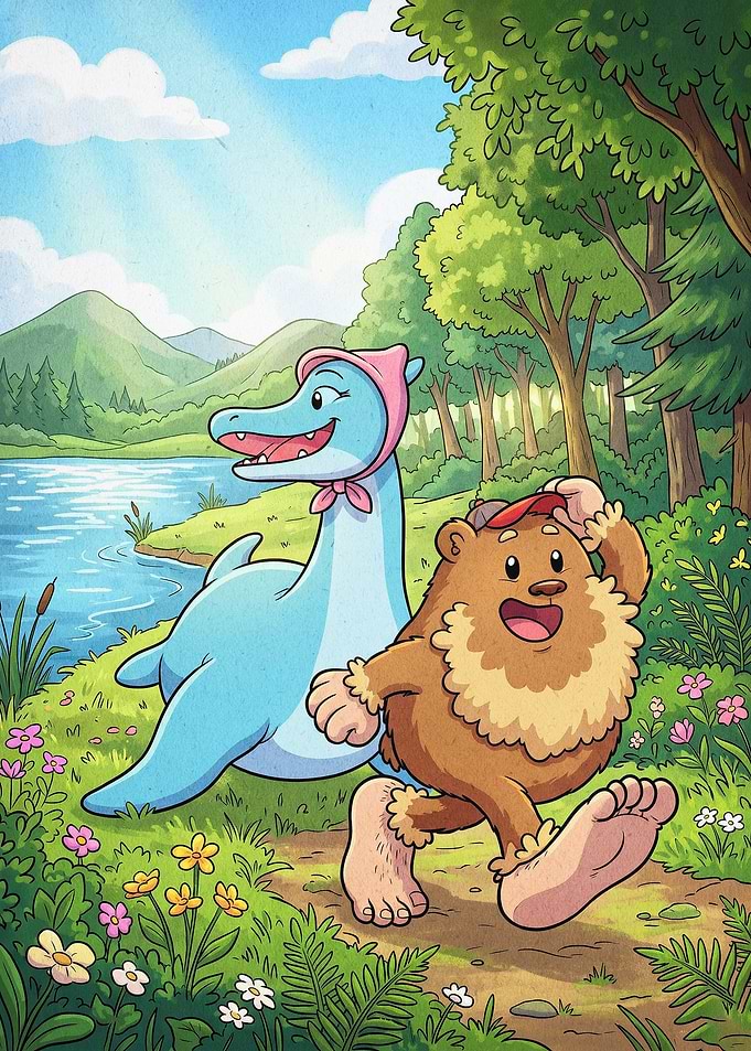 Cute Bigfoot and Nessie Cartoon Illustration