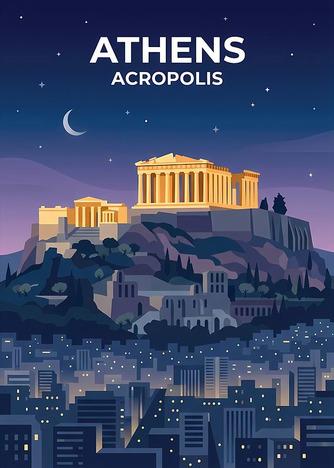 Athens Acropolis Night Travel Poster