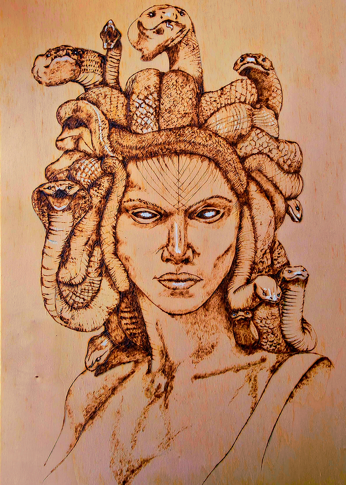 Medusa Portrait Wood Burning Art